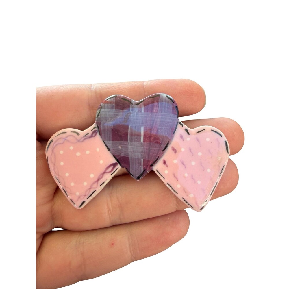 Vintage Jewelry Ceramic Heart Brooch 3 Hearts Pin